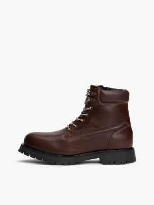 brown cleat leather lace-up boots for men tommy hilfiger