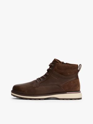 brown leather cleat lace-up boots for men tommy hilfiger
