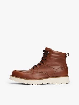brown cleat leather lace-up boots for men tommy hilfiger