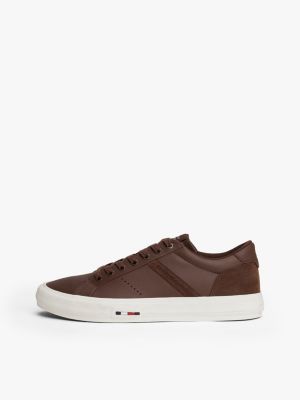 brown leather mixed texture trainers for men tommy hilfiger