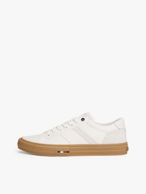 sneakers in pelle con mix di texture bianco da uomini tommy hilfiger