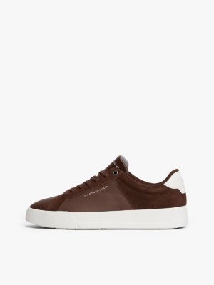 sneakers sportive in pelle e mix di texture marrone da uomini tommy hilfiger