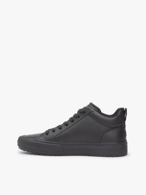 black leather serrated mid-top trainers for men tommy hilfiger