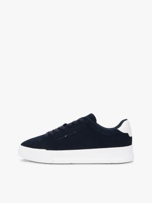 blue debossed logo suede court trainers for men tommy hilfiger