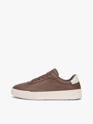 brown leather debossed logo court trainers for men tommy hilfiger