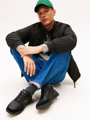 baskets multitextures avec cuir rétro noir pour hommes tommy hilfiger