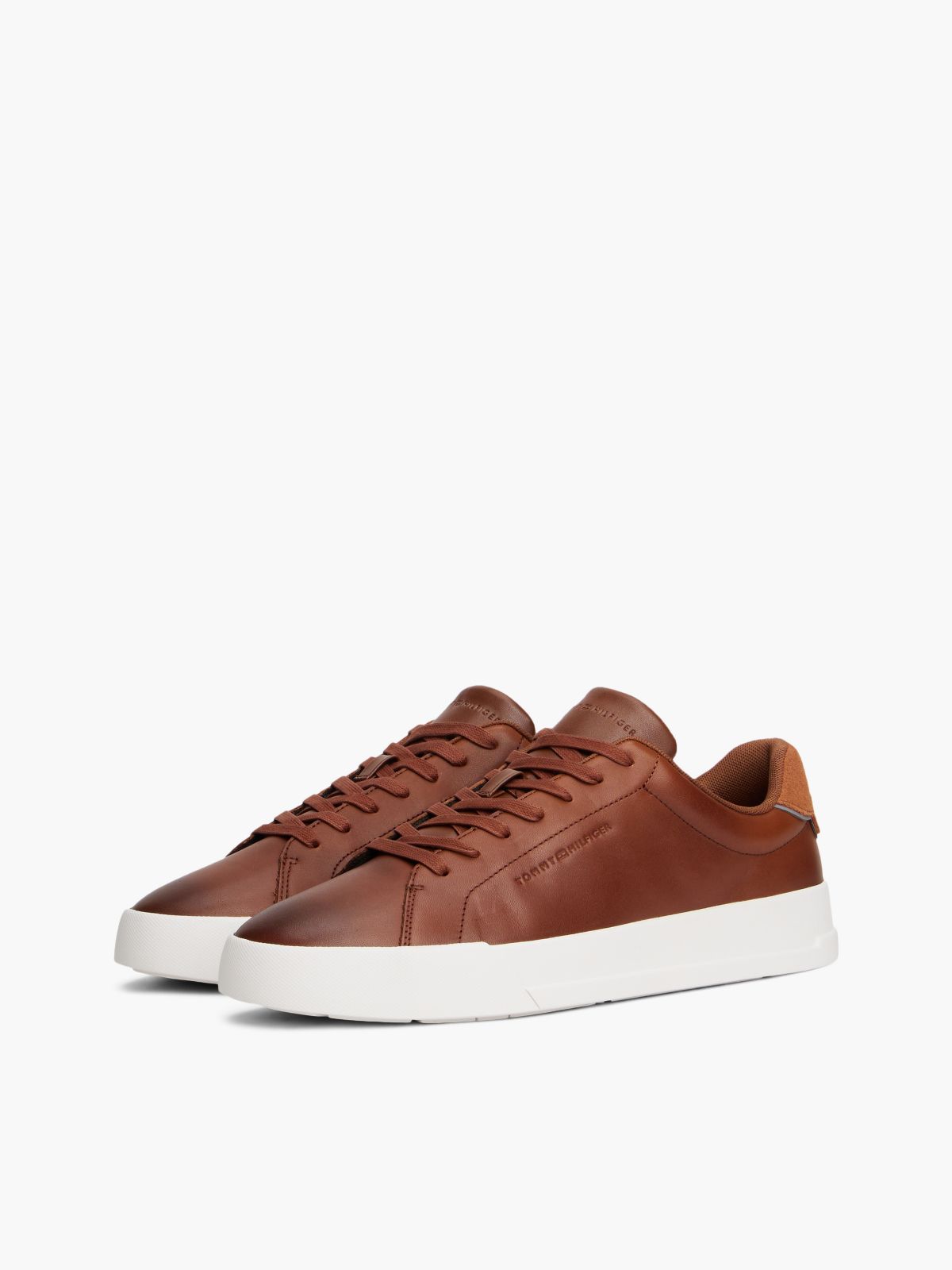 Leather Debossed Court Trainers — Brown