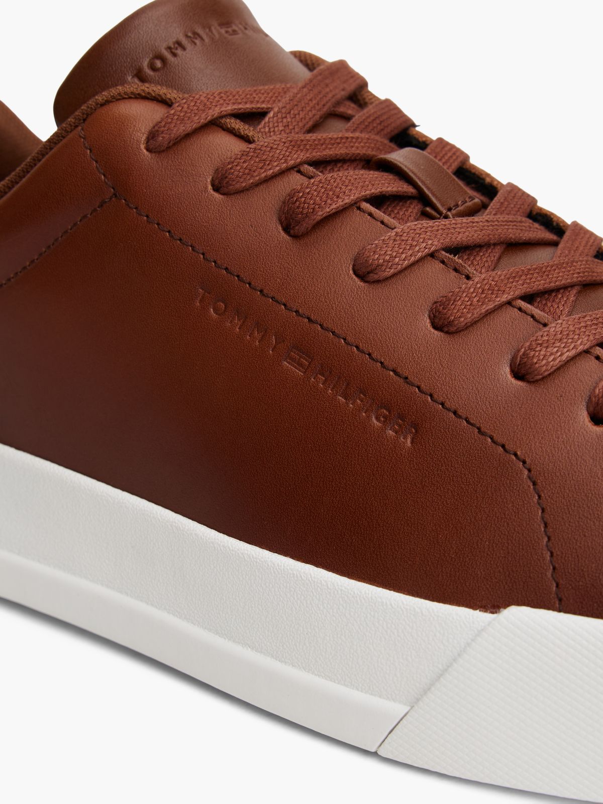 Leather Debossed Court Trainers — Brown