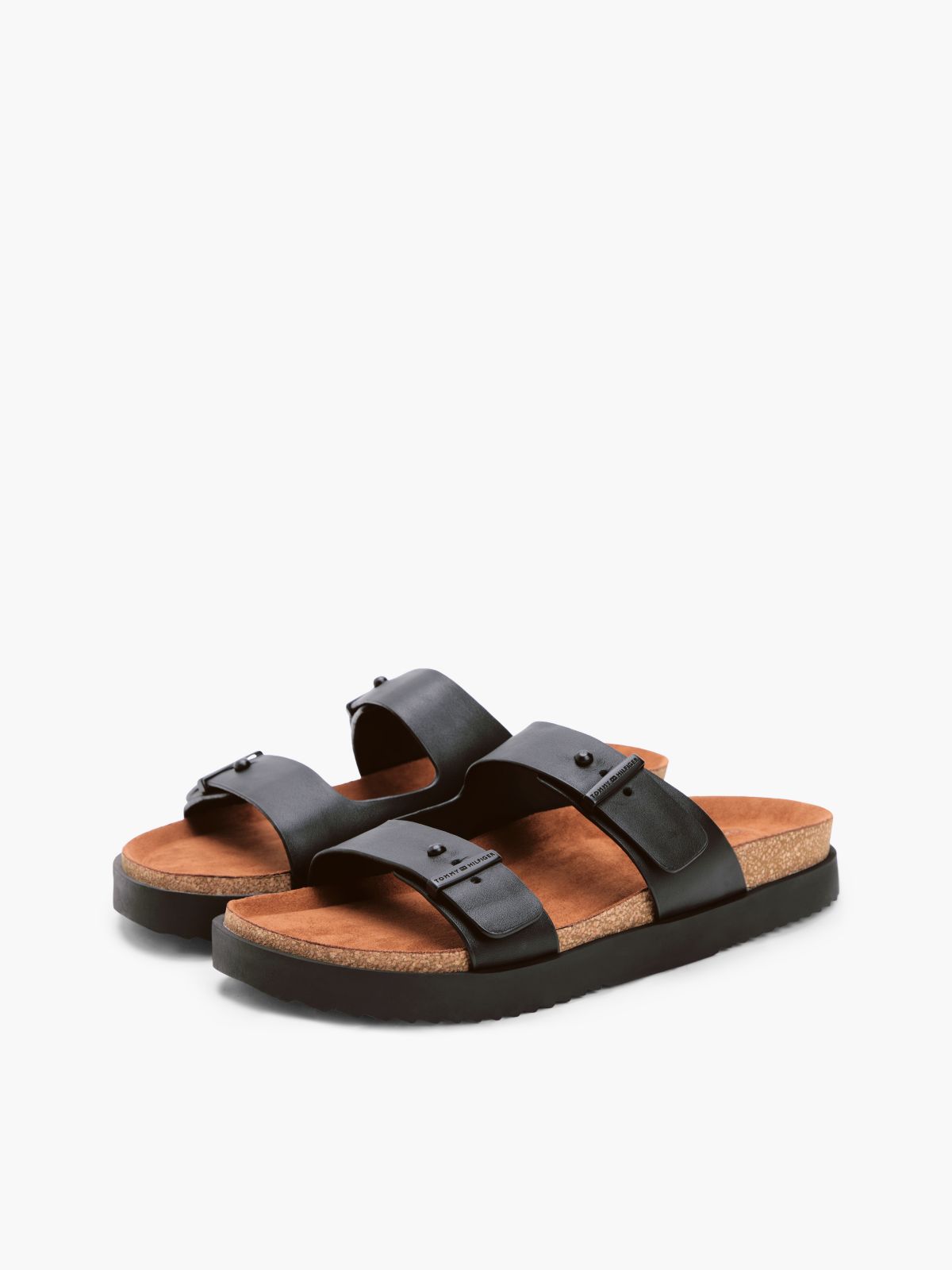 Pin Buckle Cork Midsole Leather Sandals — Black