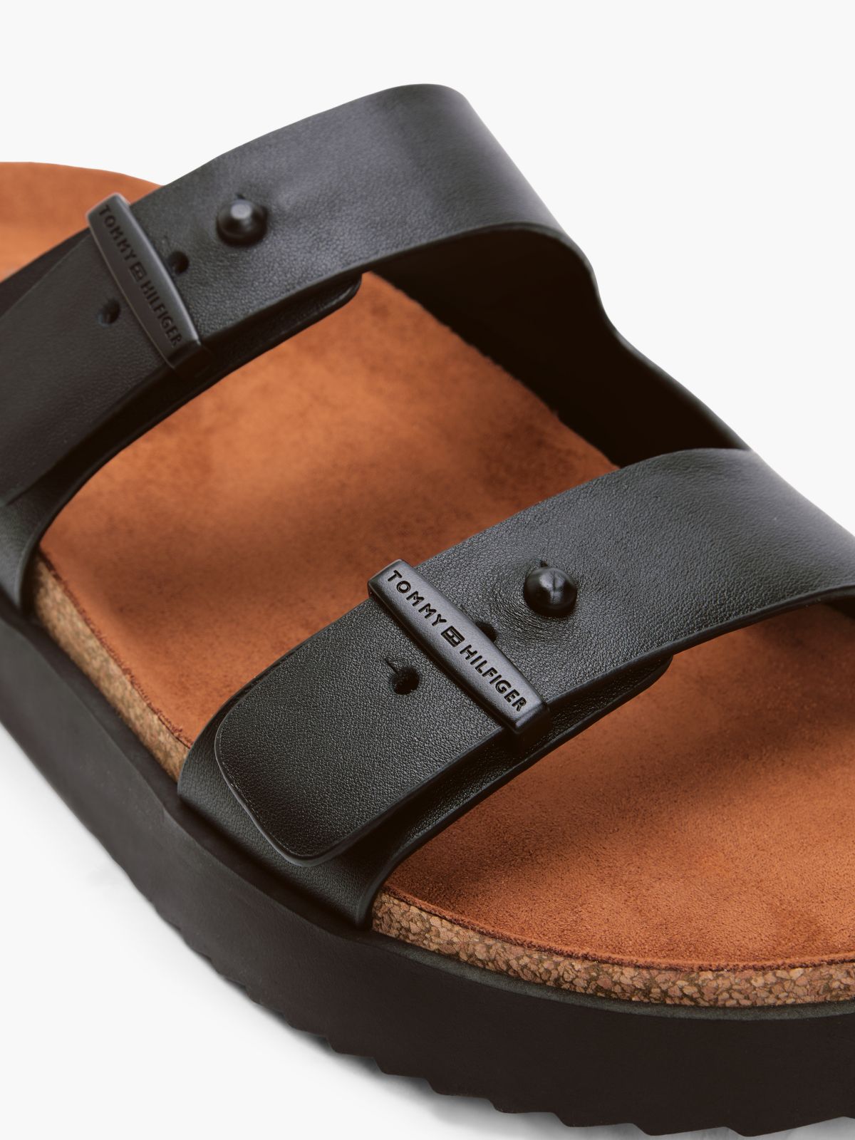 Pin Buckle Cork Midsole Leather Sandals — Black