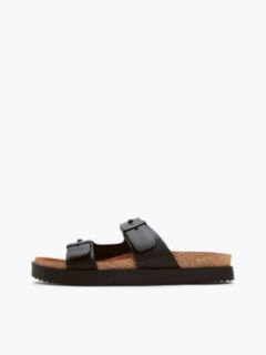 Pin Buckle Cork Midsole Leather Sandals — Black 7
