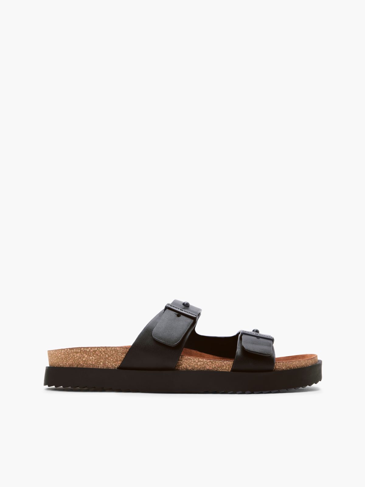 Pin Buckle Cork Midsole Leather Sandals — Black