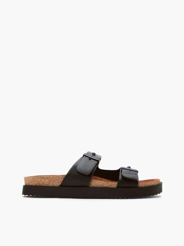 Pin Buckle Cork Midsole Leather Sandals — Black