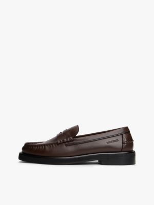 brown leather debossed logo loafers for men tommy hilfiger