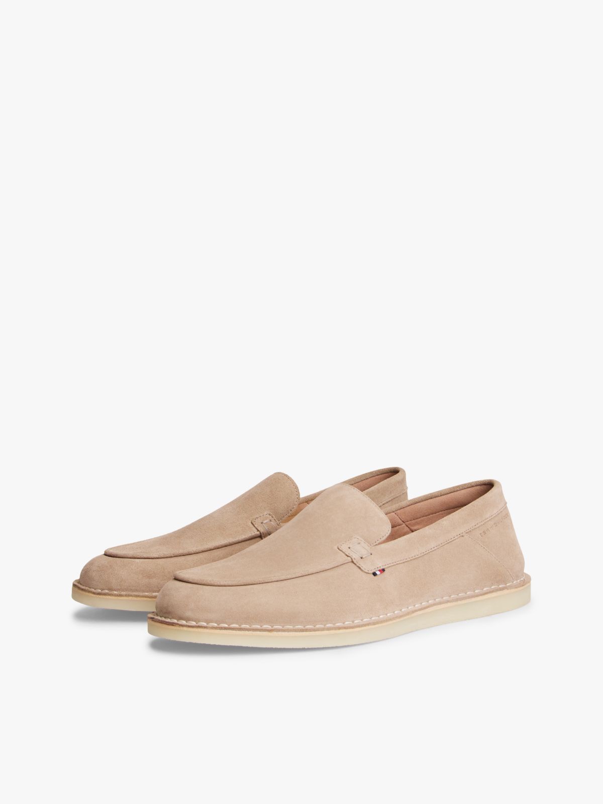 Debossed Logo Topstitch Suede Loafers — Beige