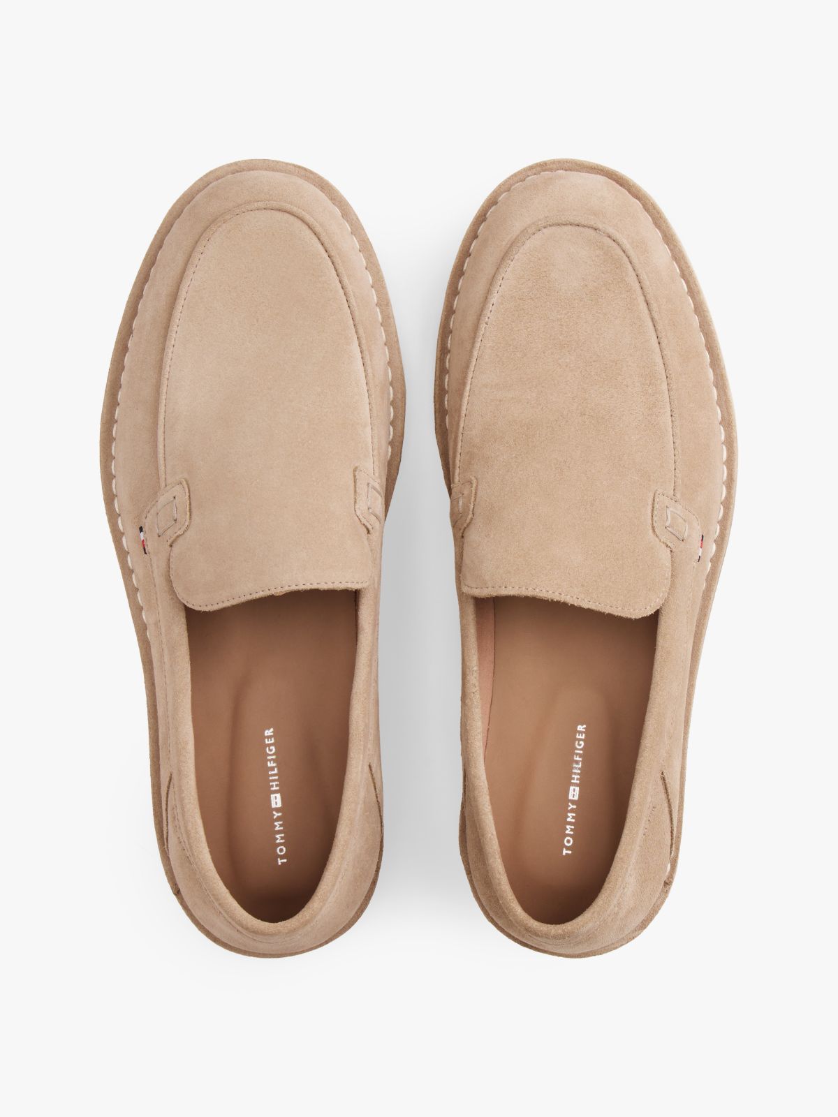 Debossed Logo Topstitch Suede Loafers — Beige