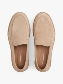 Debossed Logo Topstitch Suede Loafers — Beige 3