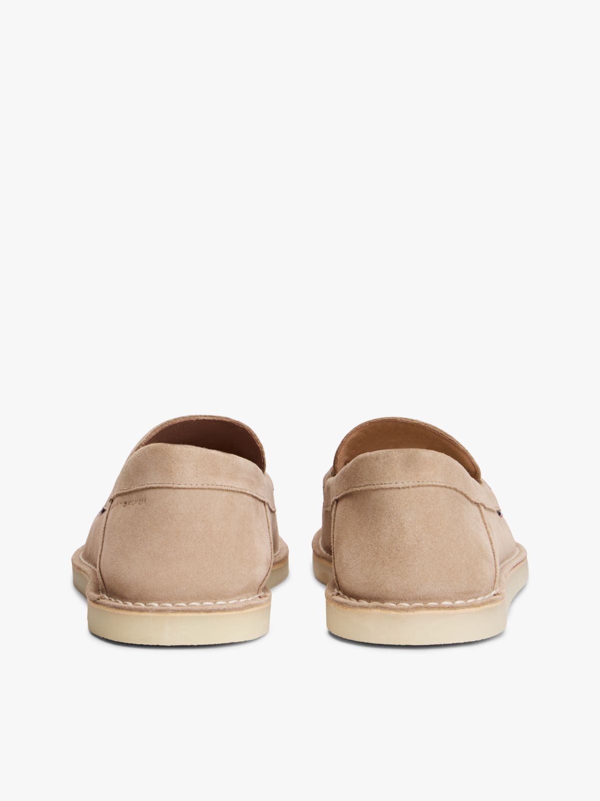 Debossed Logo Topstitch Suede Loafers — Beige