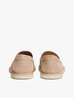 Debossed Logo Topstitch Suede Loafers — Beige 4