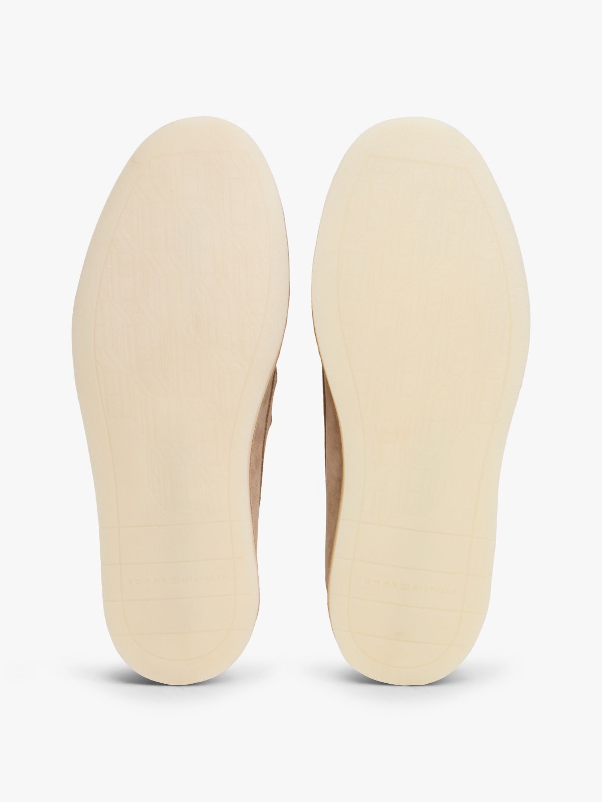 Debossed Logo Topstitch Suede Loafers — Beige