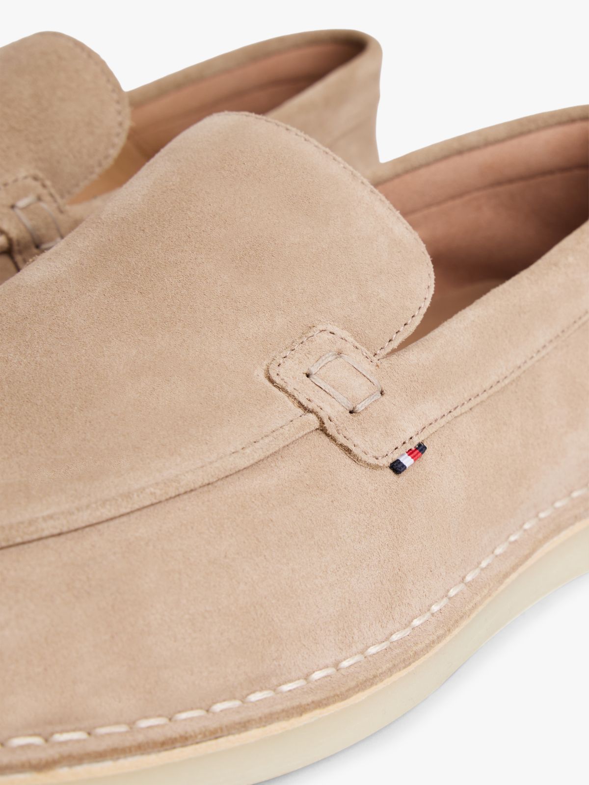 Debossed Logo Topstitch Suede Loafers — Beige