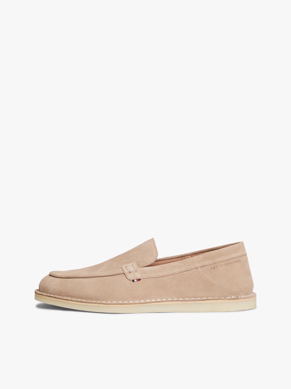 Debossed Logo Topstitch Suede Loafers — Beige