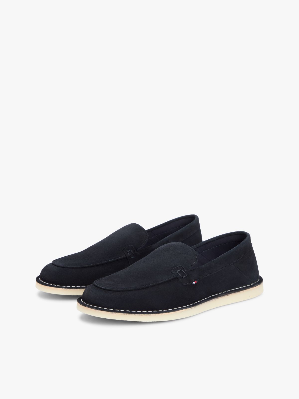 Debossed Logo Topstitch Suede Loafers — Blue