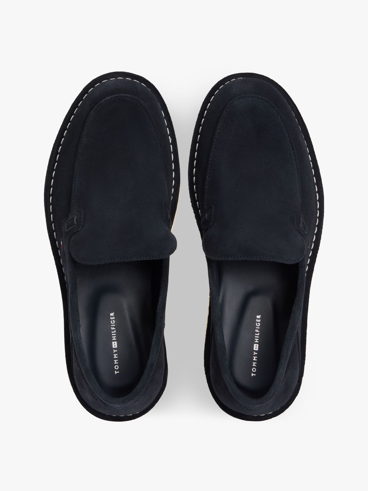 Debossed Logo Topstitch Suede Loafers — Blue