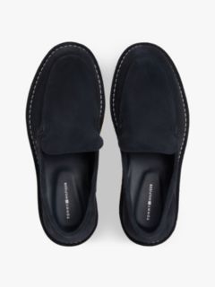 Debossed Logo Topstitch Suede Loafers — Blue 3