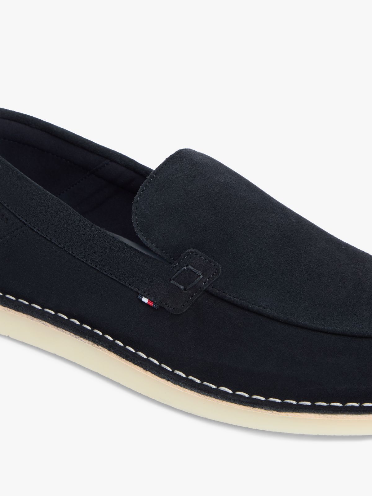 Debossed Logo Topstitch Suede Loafers — Blue
