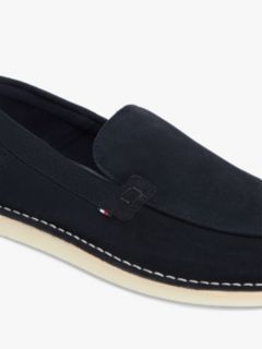 Debossed Logo Topstitch Suede Loafers — Blue 6