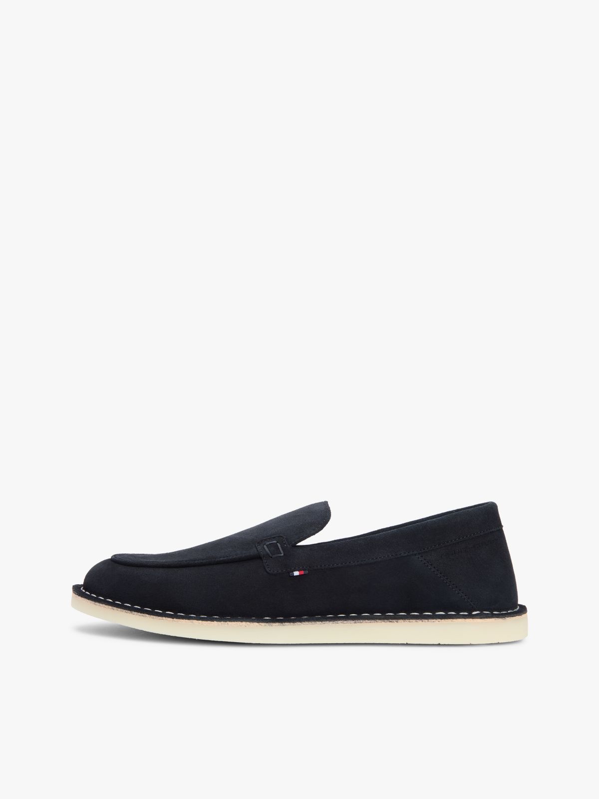 Debossed Logo Topstitch Suede Loafers — Blue