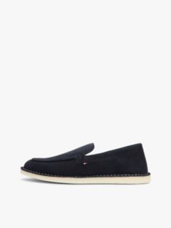 Debossed Logo Topstitch Suede Loafers — Blue 7