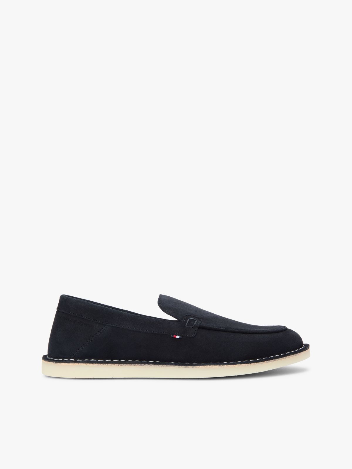 Debossed Logo Topstitch Suede Loafers — Blue