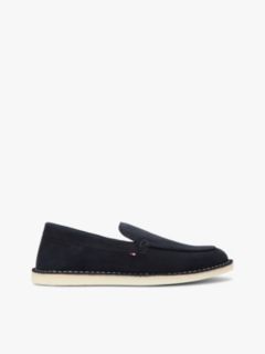 Debossed Logo Topstitch Suede Loafers — Blue 1