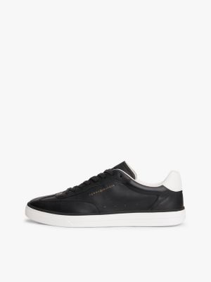 black luxe metallic logo leather trainers for men tommy hilfiger