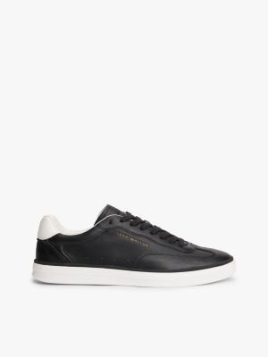 black luxe metallic logo leather trainers for men tommy hilfiger