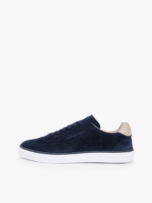 blue luxe embossed logo suede trainers for men tommy hilfiger