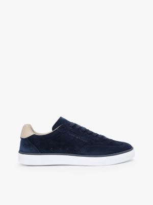blue luxe embossed logo suede trainers for men tommy hilfiger