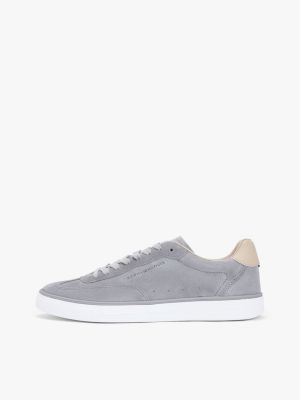 grey luxe embossed logo suede trainers for men tommy hilfiger