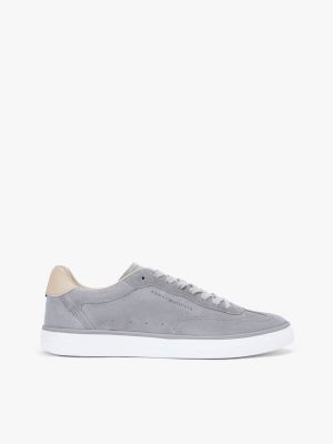 grey luxe embossed logo suede trainers for men tommy hilfiger