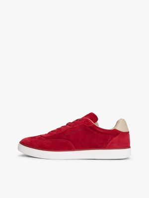 red luxe embossed logo suede trainers for men tommy hilfiger