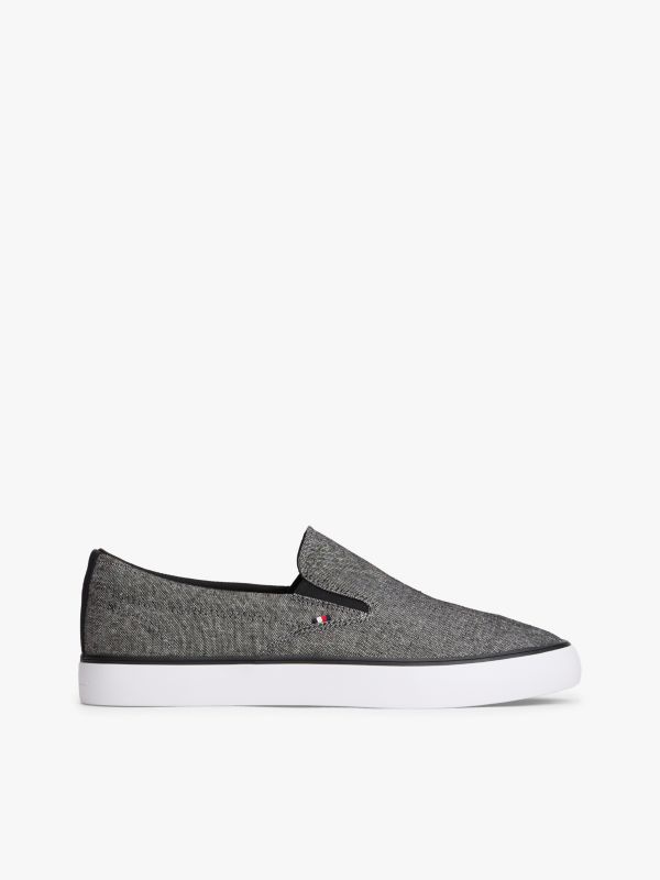 Linen Chambray Jacquard Slip-On Trainers — Black