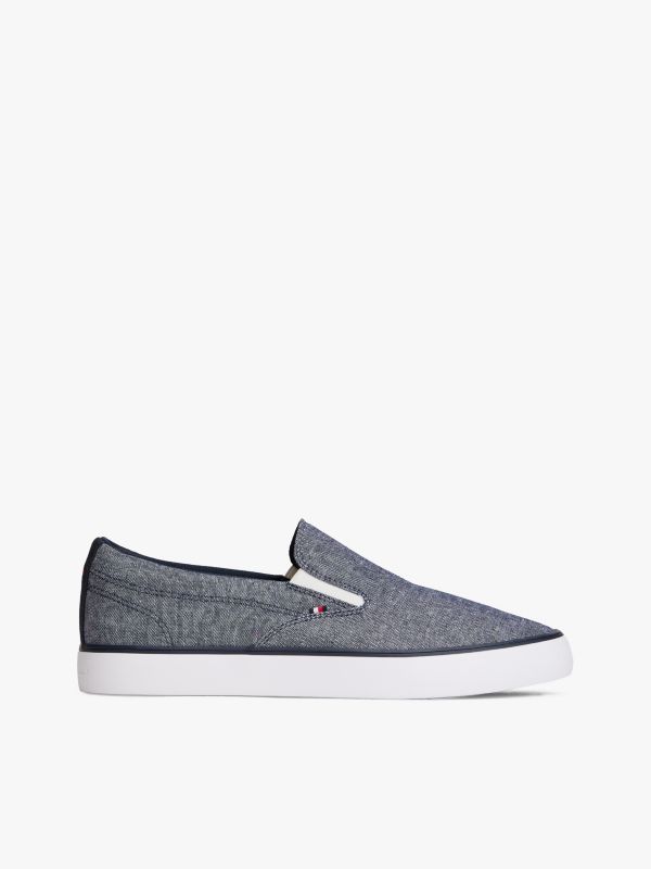 Linen Chambray Jacquard Slip-On Trainers — Blue