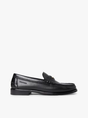 black leder-loafer mit tiefgeprägtem logo für herren - tommy hilfiger