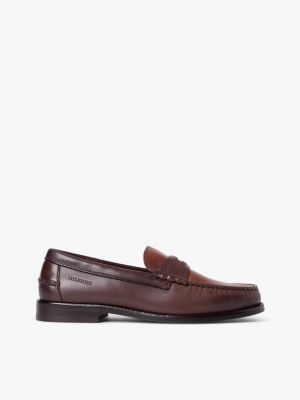 brown leder-loafer mit tiefgeprägtem logo für herren - tommy hilfiger