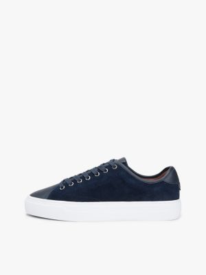 blue leather mixed texture court trainers for men tommy hilfiger