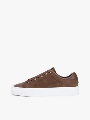 brown leather mixed texture court trainers for men tommy hilfiger