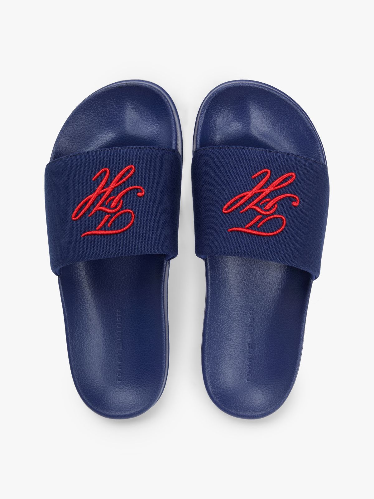 Logo Embroidery Canvas Pool Slides — Blue