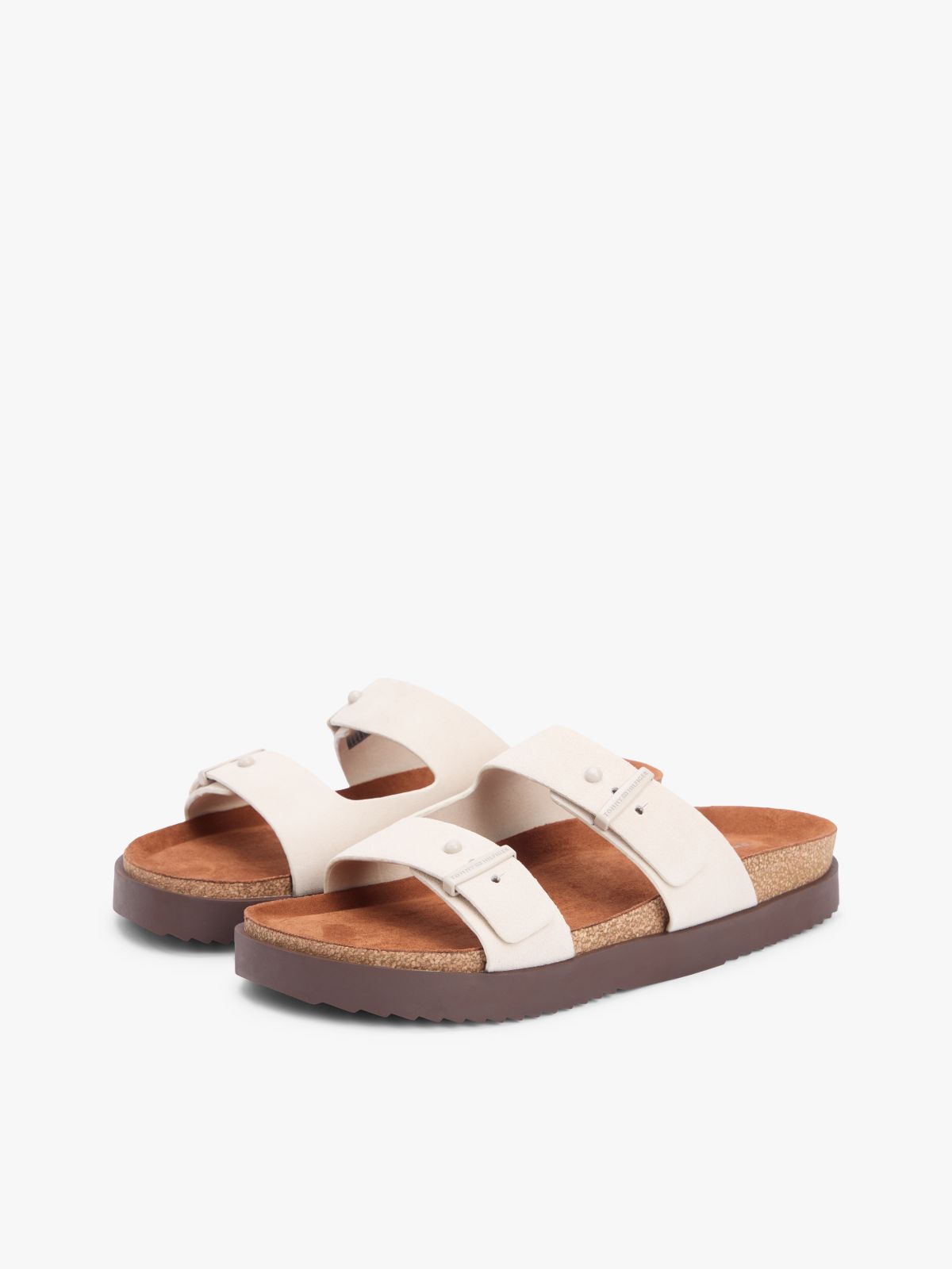 Suede Buckle Cork Footbed Serrated Sandals — Beige